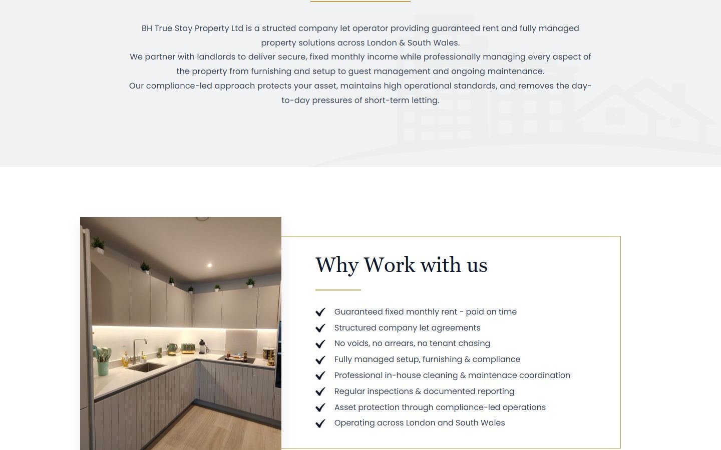 Sections « À propos » et « Why Work with us » du site BH True Stay.